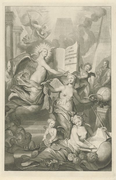 Berømmelse, evighet og skrivekunst Tittelside for Louis Moréri, Le grand dictionaire historique, 1731 av Pieter van Gunst