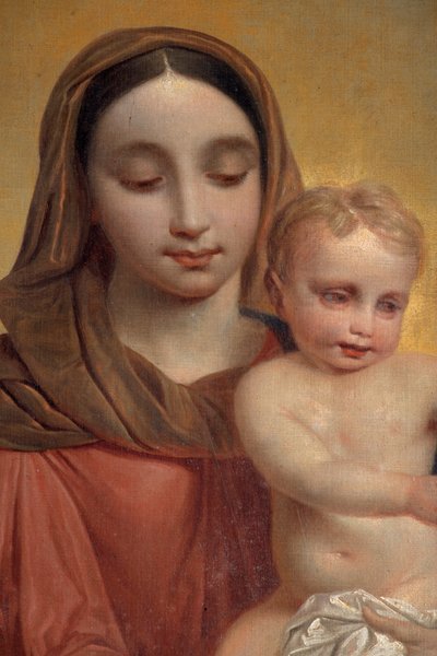 Innefra, maleri "Vår Frue med barn med rosenkrans", altertavle på hovedalteret av P. Van Hanselaere av Pieter van Hanselaere