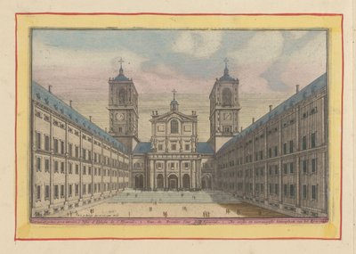 Utsikt over gårdsplassen og inngangen til kirken San Lorenzo i Escorial Den første og hovedgårdsplassen til Escurial (tittel på objekt) Theatrum Hispaniae (...) (serietittel) av Pieter van den Berge