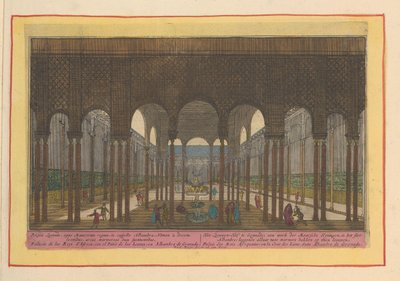 Utsikt over løvegården i Alhambra i Granada Løvens domstol, i Granade; et verk av de mauriske kongene, i Alhambre-slottet; legger der to marmortrau på thien løver (tittel på objekt) Theatrum Hispaniae (...) (serietittel) av Pieter van den Berge