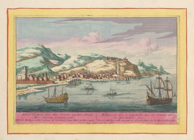 Utsikt over byen Málaga ved Middelhavet Mallaga, en gammel og befestet by Granade, ved Middelhavet (tittel på objekt) Theatrum Hispaniae (...) (serietittel) av Pieter van den Berge