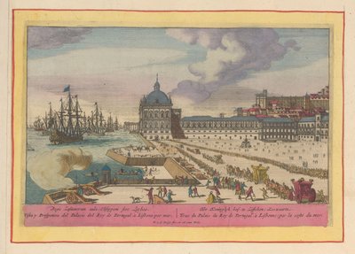 Utsikt over det kongelige palasset i Lisboa og forgården med folk Det kongelige hoff i Lisboa; Zeewaartz (tittel på objekt) Theatrum Hispaniae (...) (serietittel) av Pieter van den Berge