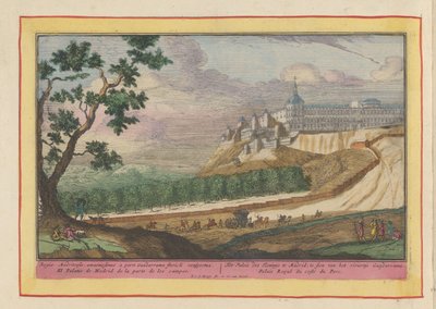 Utsikt over det kongelige palasset i Madrid Kongens palass i Madrid, sett fra elven Guadarrama (tittel på objekt) Theatrum Hispaniae (...) (serietittel) av Pieter van den Berge