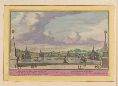 Stor dam med skip i hagen til Palacio del Buen Retiro i Madrid Groote Waterplaats, i Retiro (tittel på objekt) Theatrum Hispaniae (...) (serietittel) av Pieter van den Berge
