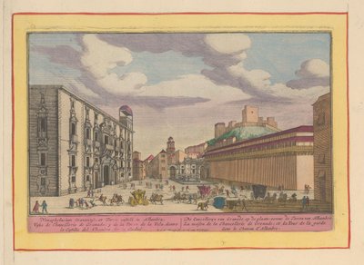 Royal Chancelly eller Real Chancillería i Granada Cancellerye of Granade, på stedet; ved siden av Towers of Alhambre (tittel på objekt) Theatrum Hispaniae (...) (serietittel) av Pieter van den Berge