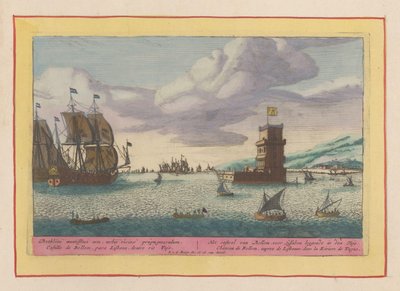 Tower of Belém ligger i elven Tejo Slottet Bellem, som ligger foran Lisboa i Tajo (tittel på objekt) Theatrum Hispaniae (...) (serietittel) av Pieter van den Berge