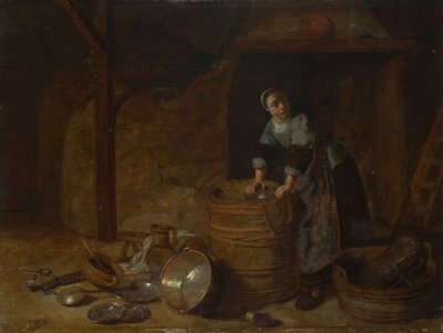 En kvinne som skurer en gryte, ca. 1650-1660 av Pieter van den Bosch