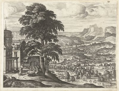 Abraham mater de tre englene Landskap med historien om Abraham (serietittel) av Pieter van der Borcht (I)