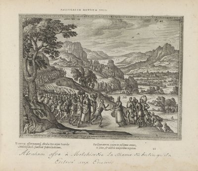 Abraham møtte Melkisedek En forening av fredelige sinn (tittel på objekt) De hellige emblemene og hovedhistoriene til begge testamentene (Oude Testamentet) (serietittel) Bilder og figurer av bøker (serietittel) av Pieter van der Borcht (I)