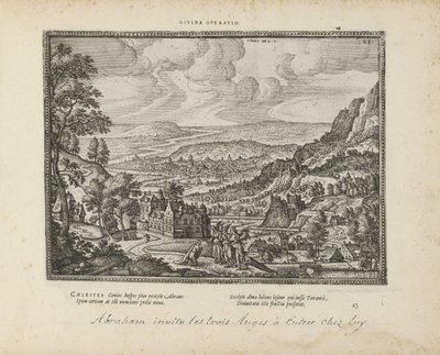 Landschap met Abraham en de drie engelen Guddommelig operasjon (tittel på objekt) De hellige emblemene og hovedhistoriene til begge testamentene (Oude Testamentet) (serietittel) Bilder og figurer av bøker (serietittel) av Pieter van der Borcht (I)