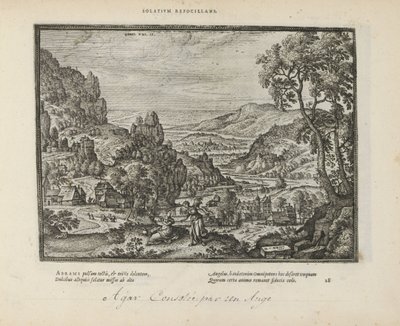 Landschap met Hagar en de engel Trøste ilden (tittel på objekt) De hellige emblemene og hovedhistoriene til begge testamentene (Oude Testamentet) (serietittel) Bilder og figurer av bøker (serietittel) av Pieter van der Borcht (I)