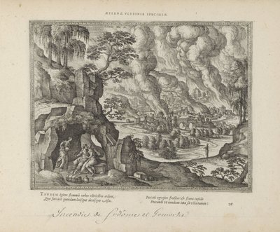 Vernietiging van Sodom en Gomorra / Lot en zijn datters Eternal monument of justice (tittel på objekt) De hellige emblemene og hovedhistoriene til begge testamentene (Oude Testamentet) (serietittel) Bilder og figurer av bøker (serietittel) av Pieter van der Borcht (I)