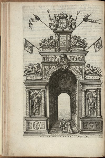 Elvene Tejo, Plata, Ganges og Hydaspes. Baksiden av den portugisiske triumfbuen, Inntreden av Ernst, erkehertug av Østerrike, i Antwerpen, utgitt 1595 (gravering) av Pieter van der Borcht