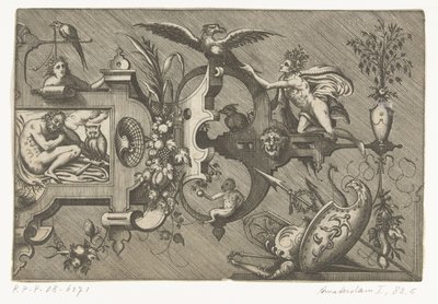 Høyre halvdel av en stor kartusj som viser natten Compertimenta pictoriis flosculis manubiisque... (serietittel) av Pieter van der Heyden
