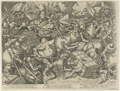 Kamp mellom pengesekkene og pengekistene Divitiae faciunt fures / Les Richesses font des larrons / Ryckdom maeckt thieves (tittel på objekt) av Pieter van der Heyden
