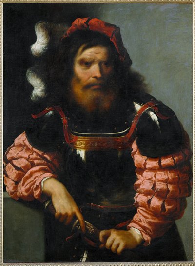 Kriger i rustning, trekker sverdet sitt (maleri på lerret) av Pietro (1605-78) Della Vecchia