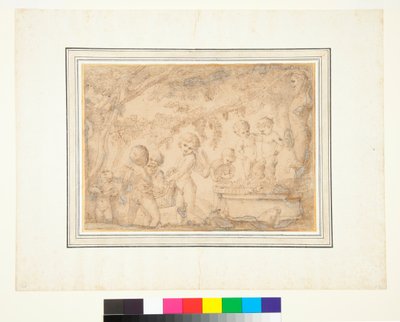 Putti and Infant Satyrs Pressing Grapes (penn og brunt blekk og brun vask) av Pietro Testa