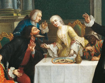 "Snacksen med maskene"" Komikere iført Commedia dell'arte-kostymer rundt et bord hvor det serveres kjeks og vin (detaljer) 1700-tallet (maleri) av Pietro (school of) Longhi