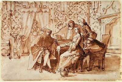 A Music Party (penn og brun vask over svart kritt på papir) av Pietro Antonio Novelli