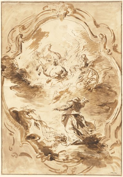 Elisha ser på Elijah stige opp i den brennende vognen av Pietro Antonio Novelli