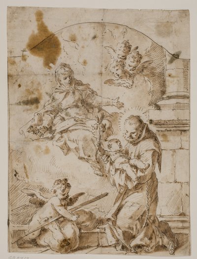 St Antony of Padua kneler med Kristusbarnet i armene mens jomfruen og englene dukker opp på himmelen av Pietro Antonio Novelli