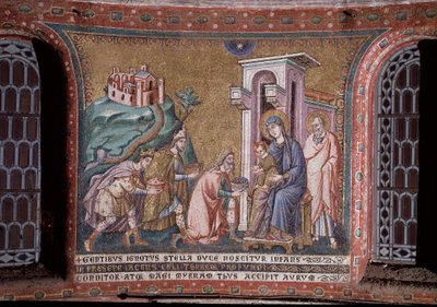 Tilbedelse av den mosaiske magi av apsis til Pietro Cavallini (aktiv rundt 1273-1330) sent på 1200-tallet (tilbedelse av magi, mosaikk fra apsis av Pietro Cavallini, slutten av 1200-tallet) Roma, kirken Santa Maria i Trastevere Italia av Pietro Cavallini