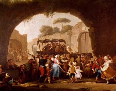 Dansescene og populær fest i Naples Detail. Tarantella-dansere (tarantella, tarantella). Maleri av Pietro Fabris (aktiv mellom 1763 og 1776) Napoli fra 1700-tallet, Museo Nazionale di San Martino av Pietro Fabris