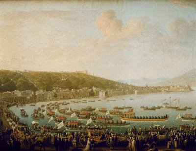 Avgangen til Karl III av Spania (Carlos III) (1716-1788) fra Napolibukta (Italia). Maleri av Pietro Fabris (1756-1779), olje på lerret av Pietro Fabris