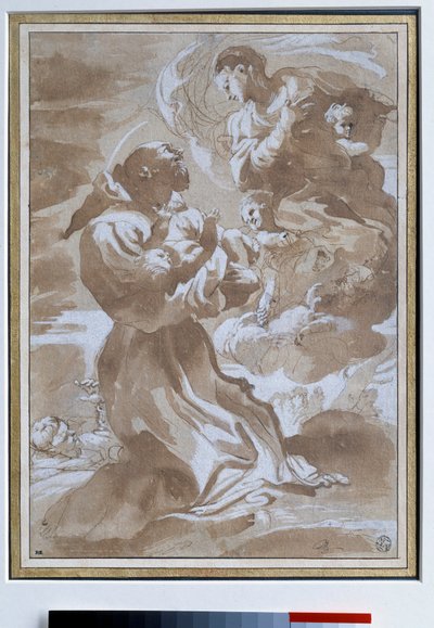 Jomfruen som betror Jesusbarnet til den hellige Francois av Assisi Tegning av Pietro Faccini (1560-1602) Søn fra 1500-tallet. 0,23 x 0,33 m Paris. Museet Louvre av Pietro Faccini