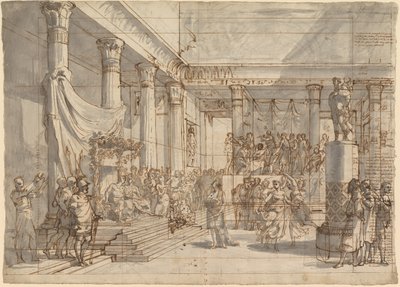 Timotheus spiller lyre foran Alexander og Thaïs i palasshallen i Persepolis av Pietro Fancelli