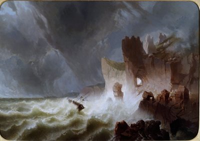 Lido solitario Marine landskap, med skip fanget i stormen, og styrtet på klippene. Maleri av Pietro Giuria (1800-tallet) Dim. 140x200 cm Genes Nervi, Galleria d