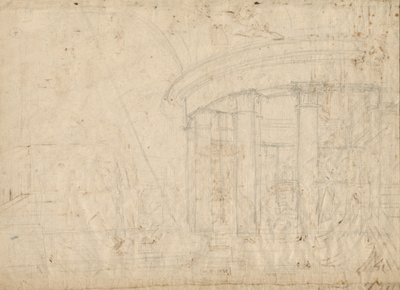 Arkitektonisk fantasi på et rundt tempel omsluttet med en ambulatorisk (verso) av Pietro Gonzaga
