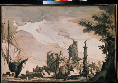""Utsikt over en havn"" Teaterinnredning. Akvarell av Pietro di Gottardo Gonzaga (1751-1831) 1818. Akvarell og blekk på papir. Moskva, Pushkin-museet av Pietro Gonzaga