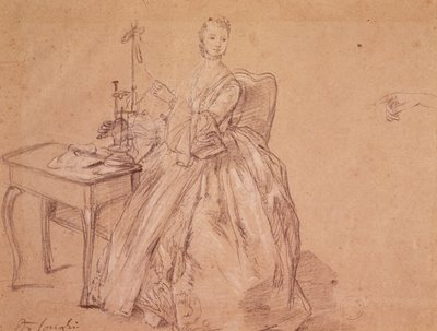 En kvinne som spinner (fargestift og hvitt kritt på papir) av Pietro Longhi