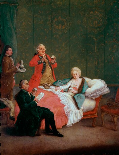 Morgensjokolade ung kvinne av adelen ligger i sengen hennes servert av tre menn. Maleri av Pietro Longhi (1702-1785) 1775-1780. Dim. 60x47 cm Ca 