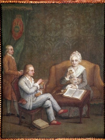 Portrett av Adriana Giustinian med sønnen Gerolamo Ascanio som tar varm sjokolade (Adriana Giustinian Barbarigo og sønnen Gerolamo Ascanio tar en kopp sjokolade) Maleri av Pietro Longhi (1702-1785) 1779 ca. Dim 58x45 cm Venezia, Ca 