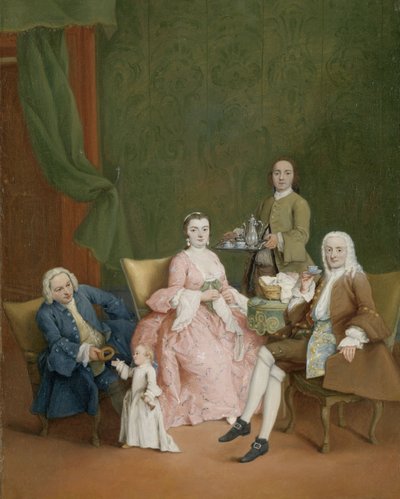 Portrett av en venetiansk familie med en tjener som serverer kaffe Portrett av en venetiansk familie med en tjener som serverer kaffe av Pietro Longhi
