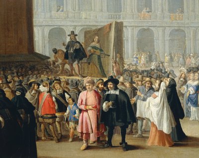 Representasjon av komikere under karnevalet på Markusplassen i Venezia, fra School of Pietro Longhi, detalj av Pietro Longhi