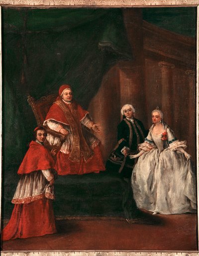 Representasjon av pave Clement XIII (1693-1769) med sin nevø Ludovico Rezzonico og kone Faustina Savorgnan (pave Clemens XIII med sin nevø Ludovico Rezzonico og hans kone Faustina Savorgnan) Maleri av Pietro Longhi (1702-1785-1702-1785) 17505 Dim. av Pietro Longhi