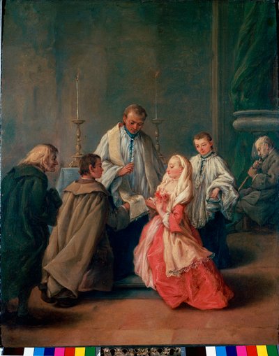 Sakramentene: "" bryllupsseremoni "" Maleri av Pietro Longhi (Pietro Falca) (1702-1785) 1755 ca. Søn 62x50 cm Venezia, Querini-Stampalia Bildegalleri av Pietro Longhi