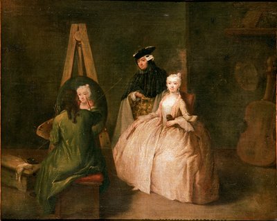 Malerens atelier Maleren foran staffeliet hans portretterer en ung kvinne. Maleri av Pietro Longhi (1702-1785) 1740-1745 Søn. 44x53 cm Venezia, Ca 