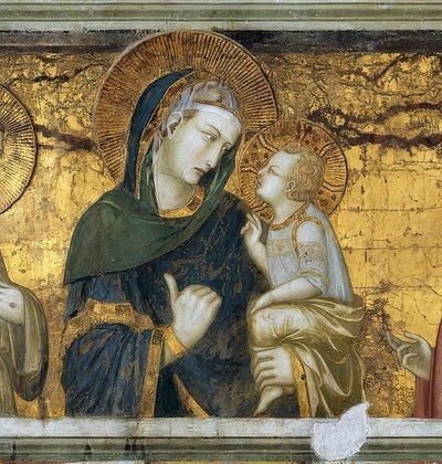 Jomfruen og barnet mellom Frans av Assisi og evangelisten Johannes. Detalj. 1315-1319 av Pietro Lorenzetti