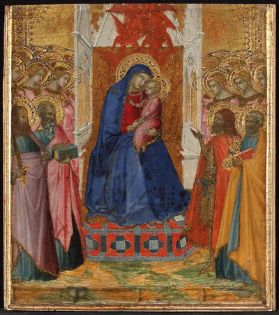 Maria auf dem Thron mit dem Kind, anbetende Engel und Heilige Paulus, Johannes der Evangelist, Johannes der Täufer und Petrus av Pietro Lorenzetti