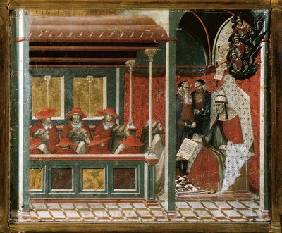 Pave Honorius III godkjenner karmelittregelen, detalj (tempera og gull på tre) av Pietro Lorenzetti