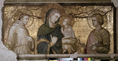 Jomfruen og barnet mellom Saint John og Saint Francois Fresco av Pietro Lorenzetti (1280-1348) i Assisi (Assisi), Nedre basilika, Orsini-kapellet. av Pietro Lorenzetti