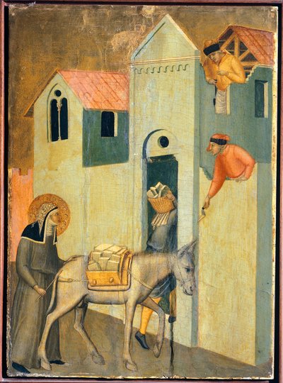 Den velsignede går og ber om materialene for å bygge klosteret, fliser fra altertavlen til den velsignede ydmykhet, av Pietro Lorenzetti (ca 1280-1348), tempera og gull på trepanel. av Pietro Lorenzetti