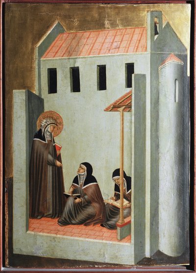 Helgenen dikterer prekenene hennes (polytych of the life of Saint Humility) - Detrempe på tre 1300-tallet av Pietro Lorenzetti