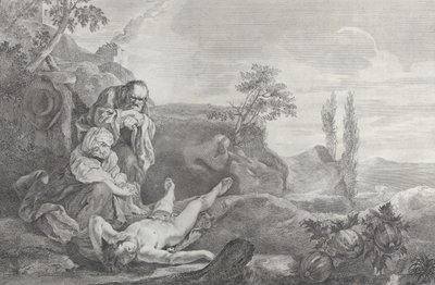 Adam og Eva til venstre, som et eldre ektepar, sørgende over liket av Abel som ligger i..., 1743-63. av Pietro Monaco