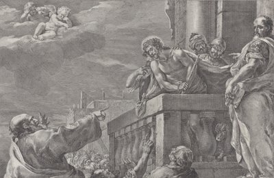 Kristus på en balkong omgitt av vakter, Pilatus står til høyre og gestikulerer..., ca. 1730-39. av Pietro Monaco