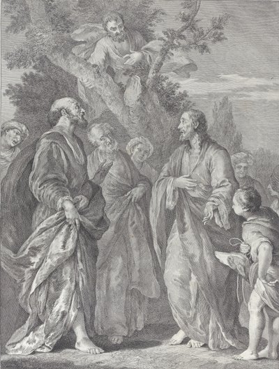 Omvendelse av Sakkeus, med Kristus til høyre henvendt til skatteoppkreveren, som har sete..., 1730-39. av Pietro Monaco